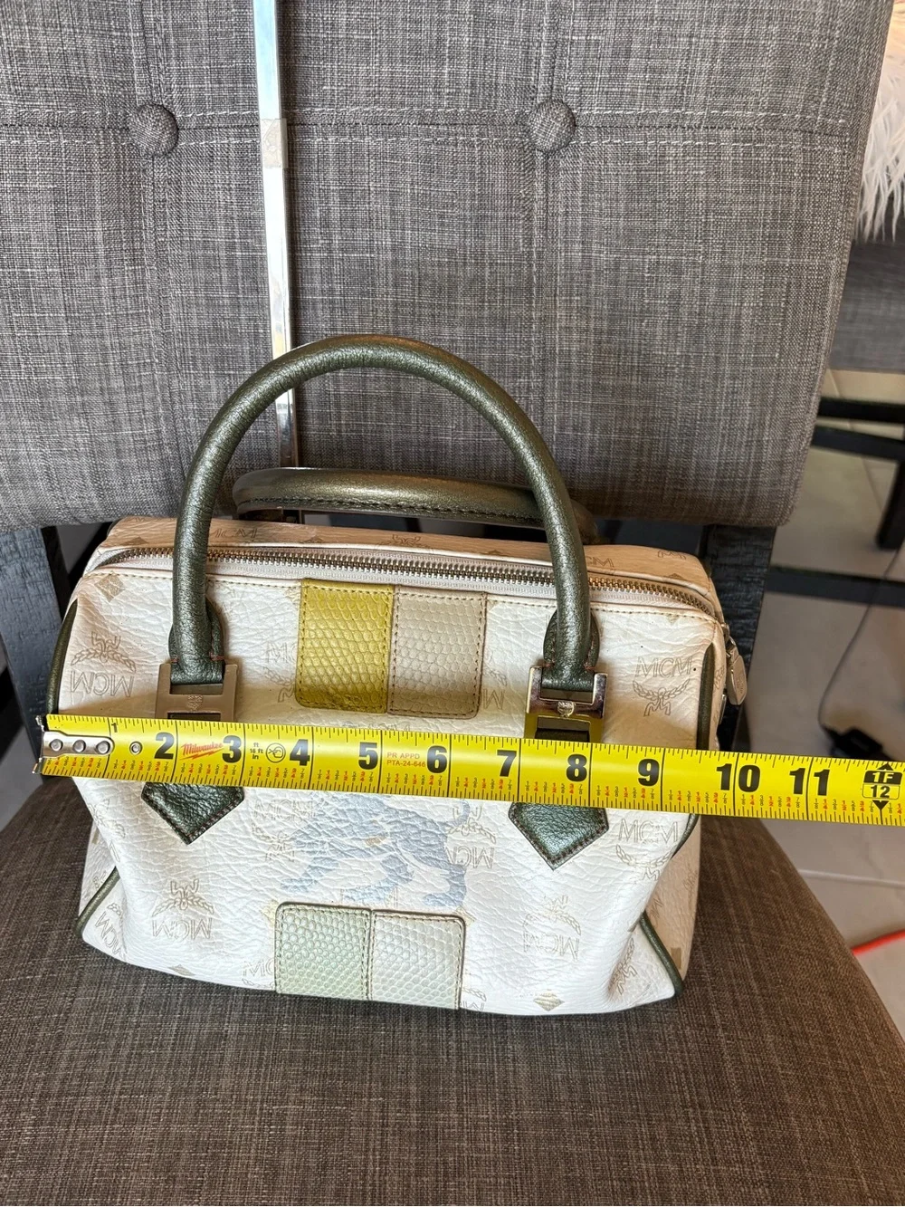 MCM White and Olive Leather Top-Handle Satchel